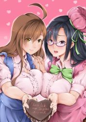 Rule 34 | 10s, 2girls, apron, black hair, blue apron, breast press, breasts, brown eyes, brown hair, buttons, candy, chocolate, chocolate heart, cleavage, closed mouth, collared shirt, english text, food, frilled apron, frilled shirt, frills, glasses, green ribbon, hair ornament, hairpin, hat, heart, highres, holding, holding food, holding hands, interlocked fingers, kono subarashii sekai ni shukufuku wo!, large breasts, long hair, multiple girls, open mouth, pink apron, pink background, pink hat, pink shirt, purple eyes, ribbon, sena (konosuba), sezok, shirt, smile, text focus, unbuttoned, unbuttoned shirt, valentine, wiz (konosuba)