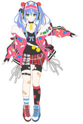 Rule 34 | 1girl, absurdres, blue hair, detached sleeves, full body, green eyes, green hair, hat, highres, jacket, looking at viewer, multicolored hair, original, pink jacket, pipipipyu, purple hair, shoes, simple background, skirt, smile, socks, solo, standing, white background