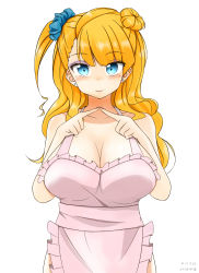 Rule 34 | 10s, 1girl, 2016, amagawa daiso, apron, blonde hair, blue eyes, blush, breasts, cleavage, dated, earrings, galko, hair bun, hair ornament, hair scrunchie, highres, huge breasts, jewelry, long hair, looking at viewer, naked apron, no bra, oshiete! galko-chan, scrunchie, side ponytail, simple background, single hair bun, solo, standing, stud earrings, white background