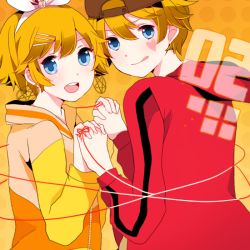Rule 34 | 1boy, 1girl, :q, bad id, bad pixiv id, baseball cap, blonde hair, blue eyes, brother and sister, casual, earrings, hair ornament, hair ribbon, hairclip, holding hands, hat, heart, hetero, hood, hoodie, jewelry, juvenile (vocaloid), kagamine len, kagamine rin, komine, ribbon, short hair, siblings, string, string of fate, tongue, tongue out, twins, vocaloid