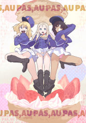 Rule 34 | 10s, 3girls, andou (girls und panzer), angry, ass, bc freedom (emblem), bc freedom military uniform, black footwear, black hair, blonde hair, blue eyes, blue hat, blue jacket, blue panties, blue vest, blush stickers, boots, bow, bow panties, brown eyes, cake, commentary request, cream, cream puff, crotch seam, drill hair, eating, emblem, food, food on face, fork, french text, frontal wedgie, frown, fruit, girls und panzer, green eyes, grimace, hat, highres, holding, holding fork, jacket, kitou sakeru, leg up, lifting another&#039;s clothes, long hair, long sleeves, looking at another, looking back, marie (girls und panzer), medium hair, messy hair, multiple girls, open mouth, oshida (girls und panzer), oversized object, panties, panty lift, pastry, pink panties, pleated skirt, pulling another&#039;s clothes, saucer, shako cap, skirt, standing, standing on one leg, strawberry, strawberry shortcake, underwear, v-shaped eyebrows, vest, wedgie, white panties, white skirt