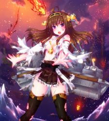 Rule 34 | 10s, 1girl, :o, ahoge, aircraft, airplane, bad id, bad pixiv id, brown hair, damaged, detached sleeves, door to heaven, fire, hairband, injury, japanese clothes, kantai collection, kongou (kancolle), long hair, machinery, nontraditional miko, open mouth, personification, purple eyes, solo, tears, thighhighs, torn clothes, turret