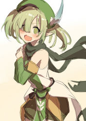 Rule 34 | 1girl, @ @, alternate hairstyle, aoi (princess connect!), belt, blush, green eyes, green hair, green hat, green legwear, green scarf, hat, highres, momiji oroshi, open mouth, pointy ears, princess connect!, scarf, short hair, simple background, solo, twintails, wavy mouth, white background