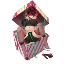 Rule 34 | 1girl, animal costume, antlers, bdsm, bell, belt, bikini, blue eyes, bondage, bondage cuffs, bound, box, breasts, censored, christmas, collar, cowbell, cuffs, curvy, eye mask, fotia of fireside, frogtie, gift, gift box, harness, high heels, highres, horns, huge breasts, impossible clothes, in box, in container, last origin, lying, merry christmas, mole, mole on breast, neck bell, official art, one eye covered, platform footwear, platform heels, red hair, reindeer antlers, reindeer costume, ribbon, ribbon bondage, see-through, see-through legwear, shoes, sima (startwitch), single shoe, slave, solo, source request, strap gap, swimsuit, thick thighs, thighhighs, thighs, toes, torn clothes, torn thighhighs, transparent background