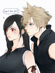 Rule 34 | !, !!, 1boy, 1girl, bare shoulders, black hair, black jacket, black shirt, blonde hair, blue eyes, breasts, closed mouth, cloud strife, commentary, earrings, english text, final fantasy, final fantasy vii, hetero, highres, jacket, jewelry, large breasts, long hair, long neck, looking at another, maiii (smaii i), musical note, red eyes, shirt, short hair, sleeveless, speech bubble, spiked hair, spoken musical note, square enix, swept bangs, symbol-only commentary, tifa lockhart, upper body
