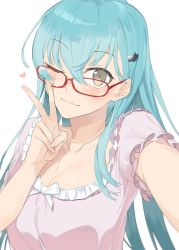 Rule 34 | 10s, 1girl, alternate costume, bespectacled, breasts, brown eyes, cleavage, collarbone, commentary request, dress, eyebrows, glasses, green hair, hair ornament, hairclip, hayashi kewi, heart, kantai collection, large breasts, long hair, looking at viewer, one eye closed, pink dress, simple background, smile, solo, suzuya (kancolle), v, white background