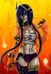 Rule 34 | 1girl, arm garter, armlet, backlighting, belt, blue eyes, blue hair, blue panties, blue thighhighs, breasts, claws, cleavage, collar, collarbone, demon girl, expressionless, eye reflection, fire, fireball, horns, jacket, large breasts, long hair, long sleeves, looking at viewer, matching hair/eyes, midriff, monster girl, multicolored clothes, multicolored legwear, nagiri, navel, o-ring, o-ring bottom, object on head, open clothes, orange background, original, panties, pointy ears, purple panties, reflection, sarashi, self-upload, sleeves past wrists, solo, source request, standing, thigh gap, thighhighs, twintails, underboob, underwear, zkrox