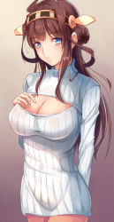 Rule 34 | 10s, 1girl, alternate costume, arm behind back, blue eyes, breasts, brown hair, casual, cleavage cutout, clothing cutout, cowboy shot, double bun, gradient background, hair bun, hand on own chest, headgear, kantai collection, kongou (kancolle), large breasts, liu guniang, long hair, long sleeves, looking at viewer, meme attire, naked sweater, no pants, open-chest sweater, parted lips, purple background, ribbed sweater, solo, sweater