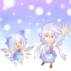 Rule 34 | &gt;:), 2girls, :d, bad id, bad pixiv id, blush, bow, chibi, cirno, hand up, kuzugitsune (inarikami), letty whiterock, lowres, multiple girls, open mouth, perfect cherry blossom, scarf, smile, snow, touhou, towel, v-shaped eyebrows, wings