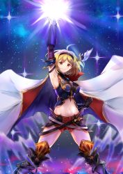 Rule 34 | 1girl, belt, blonde hair, brown eyes, cape, capelet, cleavage cutout, cloak, clothing cutout, conqueror of the eternals, djeeta (granblue fantasy), gao kawa, granblue fantasy, hair ornament, hairband, highres, looking at viewer, midriff, red cape, red shorts, short hair, short shorts, shorts, smile, solo