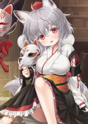 Rule 34 | 1girl, :d, animal ears, black skirt, breasts, detached sleeves, hat, holding, holding mask, inubashiri momiji, kei kei, kourindou tengu costume, looking at viewer, mask, open mouth, pom pom (clothes), red eyes, red hat, sash, short hair, sitting, skirt, smile, solo, tail, tokin hat, touhou, wolf ears, wolf tail