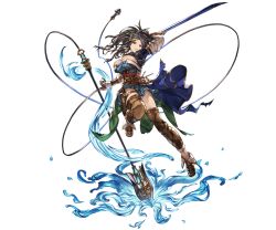 Rule 34 | 10s, 1girl, belt, black hair, breasts, cleavage, feathers, female focus, full body, granblue fantasy, large breasts, leaf, long hair, minaba hideo, official art, aged up, polearm, purple eyes, sig (granblue fantasy), smile, solo, spear, transparent background, water, weapon