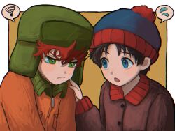 Rule 34 | 2boys, beanie, black hair, blue eyes, green eyes, hand on another&#039;s shoulder, hat, highres, jacket, kyle broflovski, long sleeves, male focus, multiple boys, open mouth, pom pom (clothes), pom pom beanie, red hair, shioharu (user pesm8838), short hair, south park, spoken squiggle, spoken sweatdrop, squiggle, stan marsh, sweatdrop, tearing up, tears