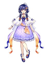 Rule 34 | 1girl, :d, ahoge, aononchi, blue eyes, blue footwear, blue hair, blue nails, blue ribbon, bow, bracelet, braid, brooch, capelet, dark blue hair, double-parted bangs, dress, empire waist, frilled dress, frills, full body, hair bow, hair ornament, highres, hiiro momiji, indie virtual youtuber, jewelry, leaf, leaf hair ornament, long hair, looking at viewer, maple leaf, multicolored eyes, multicolored nails, neck ribbon, official art, open mouth, orange bow, orange eyes, orange nails, orange sash, peter pan collar, plaid, plaid dress, pom pom (clothes), pom pom hair ornament, purple dress, ribbon, sash, second-party source, shoes, simple background, smile, solo, standing, twin braids, virtual youtuber, white background, white capelet, yellow nails