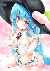 Rule 34 | 1girl, apron, arim0k0, ass, between breasts, between legs, black headwear, blue hair, bottomless, breasts, cleavage, closed mouth, food, fruit, hand between legs, heart, highres, hinanawi tenshi, leaf, long hair, looking at viewer, medium breasts, naked apron, peach, red eyes, sample watermark, shirt, sitting, smile, solo, touhou, traditional media, valentine, wariza, watermark, white shirt