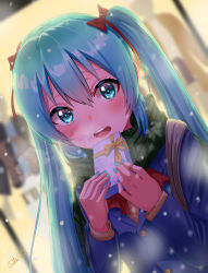 Rule 34 | 1girl, absurdres, aqua eyes, aqua hair, backlighting, bandaid, bandaid on hand, blue coat, blurry, blurry background, blush, bow, box, coat, commentary, dutch angle, furrowed brow, gift, gift box, hair bow, hatsune miku, highres, holding, holding box, long hair, looking at viewer, open mouth, plaid, plaid scarf, red bow, scarf, signature, snowing, solo, tatyaoekaki, twintails, upper body, valentine, very long hair, vocaloid