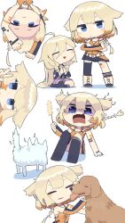 Rule 34 | 2girls, absurdres, arm support, asymmetrical legwear, black thighhighs, blonde hair, blue eyes, blush stickers, boots, braid, braided ponytail, cat, cat teaser, cevio, chibi, colored tips, commentary request, crossed arms, detached sleeves, dog, dress, fang, glaring, hair between eyes, hair flaps, highres, holding, holding toy, ia (vocaloid), konohoshi, licking, licking another&#039;s face, long bangs, long hair, multicolored hair, multiple girls, multiple views, one (cevio), orange dress, orange hair, own hands together, palms together, puffing up, scared, seiza, shaded face, short dress, siblings, simple background, single detached sleeve, single thighhigh, sisters, sitting, sleeveless, sleeveless dress, spaghetti strap, standing, tearing up, thighhighs, toy, twin braids, uneven legwear, upside-down, v, v-shaped eyebrows, very long hair, vocaloid, white background