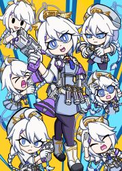 Rule 34 | &gt; &lt;, 1girl, ahoge, angry, averting eyes, belt, black eyeliner, blue archive, blue eyes, blue halo, blue necktie, boots, braid, bright pupils, chest harness, closed eyes, cuffs, expressions, eyeliner, gloves, gun, hair between eyes, hair ornament, hairclip, halo, hand on own chin, handcuffs, handgun, hands on own head, harness, hat, highres, holding, holding gun, holding megaphone, holding weapon, holster, jacket, kirino (blue archive), long hair, looking at object, looking at viewer, makeup, megaphone, multicolored background, necktie, open mouth, panicking, pantyhose, police, police hat, police uniform, policewoman, purple armband, purple pantyhose, revolver, salute, screaming, shirt, shoulder boards, shoulder holster, smith &amp; wesson 360, smoke grenade, swept bangs, tongue, triangle mouth, twin braids, twintails, uniform, unihead207215, v-shaped eyebrows, very long hair, wavy mouth, weapon, white belt, white footwear, white gloves, white hair, white jacket, white pupils, white shirt