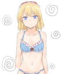 Rule 34 | 1girl, @ @, alice margatroid, bare arms, bare shoulders, blonde hair, blue bra, blue eyes, blue panties, bob cut, bra, breasts, cleavage, collarbone, commentary, cowboy shot, frilled hairband, frills, hair between eyes, hairband, hypnosis, lolita hairband, looking at viewer, medium breasts, mind control, miyo (ranthath), panties, red hairband, red ribbon, ribbon, ribbon-trimmed bra, ribbon-trimmed panties, ribbon trim, short hair, simple background, solo, stomach, swirl, touhou, underwear, underwear only, white background