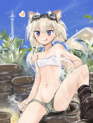 Rule 34 | 1girl, :q, animal ears, bandeau, blonde hair, blue eyes, boots, bottle, carla j. luksic, collarbone, drum (container), goggles, heart, mishiro shinza, navel, revision, short shorts, shorts, solo, spread legs, strapless, strike witches, tail, tongue, tongue out, tube top, tube top, twintails, white tube top, world witches series
