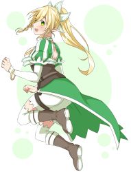 Rule 34 | 10s, 1girl, artist request, ass, blonde hair, blush, boots, bracelet, braid, breasts, elf, green eyes, hair ornament, highres, jewelry, large breasts, leafa, long hair, open mouth, pointy ears, ponytail, puffy sleeves, shorts, sideboob, smile, solo, sword art online, thighhighs