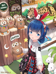 Rule 34 | 1girl, :o, ace (playing card), ace of hearts, ace of spades, basket, bird, blue hair, card, dress, hair ornament, hair ribbon, hair stick, heart, highres, holding, holding stuffed toy, indoors, liclac, long sleeves, looking at viewer, medium hair, original, owl, playing card, print dress, red ribbon, ribbon, solo focus, spade (shape), standing, star (symbol), stuffed animal, stuffed elephant, stuffed giraffe, stuffed owl, stuffed tiger, stuffed toy, teddy bear, watermark, web address