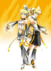 Rule 34 | 1boy, 1girl, aqua eyes, arm warmers, blonde hair, boots, breasts, brother and sister, caffein, detached sleeves, hair ornament, hair ribbon, hairclip, headphones, highres, kagamine len, kagamine len (append), kagamine rin, kagamine rin (append), leg warmers, navel, ribbon, short hair, shorts, siblings, sideboob, smile, thigh boots, thighhighs, twins, vocaloid, vocaloid append