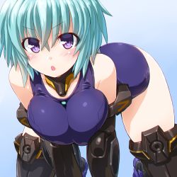 Rule 34 | 1girl, bad id, bad pixiv id, black gloves, black thighhighs, blue hair, breasts, covered navel, dd (ijigendd), elbow gloves, frame arms girl, gloves, hresvelgr, large breasts, leaning forward, looking at viewer, mecha musume, one-piece swimsuit, open mouth, purple eyes, school swimsuit, short hair, solo, swimsuit, thighhighs
