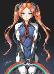 Rule 34 | 1boy, ahoge, artist name, blue eyes, bodysuit, closed mouth, commentary, hair ornament, highres, holding, humanization, long hair, looking at viewer, male focus, nezha (warframe), red hair, simple background, smile, solo, trap, twintails, warframe, zxpfer