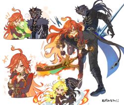 1boy 1girl ahoge akari_(va_rsv_9) battle black_bikesuit black_gloves black_hair bodysuit breasts capitano_(genshin_impact) chibi cleavage earrings fiery_hair fighting fire fur_trim genshin_impact gloves highres jewelry kneeing long_hair mask mavuika_(genshin_impact) multicolored_hair multiple_views official_alternate_hair_color orange_eyes orange_hair red_hair smile sunglasses two-tone_hair very_long_hair violence