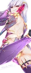 Rule 34 | 1girl, armlet, armor, ass, back, bare shoulders, bikini armor, blush, bracelet, breasts, circlet, collar, detached sleeves, dress, earrings, fate/grand order, fate (series), grin, hair ribbon, jewelry, kama (fate), kama (second ascension) (fate), large breasts, long hair, looking at viewer, looking back, metal collar, pelvic curtain, purple dress, purple sleeves, purple thighhighs, red eyes, ribbon, sideboob, silver hair, smile, solo, thighhighs, thighlet, thighs, torichamaru