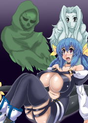 Rule 34 | 1girl, arc system works, bare shoulders, black thighhighs, blue hair, breasts, detached sleeves, dizzy (guilty gear), female focus, guilty gear, hair ornament, hair ribbon, huge breasts, long hair, navel, necro (guilty gear), open mouth, purple eyes, ribbon, shoes, sitting, solo, tail, thighhighs, thighs, twintails, undine (guilty gear), urx ura