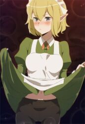 Rule 34 | 1girl, apron, bad id, bad twitter id, black pantyhose, blonde hair, blue eyes, blush, cameltoe, censored, closed mouth, commentary, dress, dungeon ni deai wo motomeru no wa machigatteiru darou ka, elf, english commentary, green dress, hair between eyes, hands up, highres, long sleeves, looking to the side, maid apron, maid headdress, mosaic censoring, navel, pantyhose, pointy ears, presenting, puffy long sleeves, puffy sleeves, ryu lion, solo, thigh gap, thighs, variant set, wing collar, zuharu
