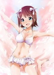 Rule 34 | 1girl, :d, amami haruka, aqua eyes, armpits, barefoot, bikini, blush, bow, breasts, brown hair, cleavage, collarbone, female focus, groin, hair bow, happy, idolmaster, idolmaster (classic), kaiga, leg up, navel, open mouth, outstretched arms, short hair, skirt, smile, solo, sparkle, standing, standing on one leg, swimsuit, white bikini