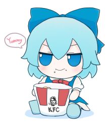 Rule 34 | 1girl, blue bow, blue dress, blue eyes, blue footwear, blue hair, blush, bow, bowtie, bucket, character doll, character print, chibi, chicken nuggets, cirno, closed mouth, collared shirt, doll, dress, english text, food, food on face, fumo (doll), glasses, hair between eyes, kfc, looking to the side, multicolored hair, niwatari kutaka, no wings, puffy short sleeves, puffy sleeves, red bow, red bowtie, rei (tonbo0430), shirt, shoes, short hair, short sleeves, simple background, sitting, smile, solo, speech bubble, touhou, two-tone hair, v-shaped eyebrows, white background, white shirt, wings