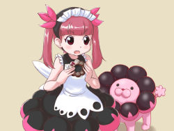 Rule 34 | 1girl, arms up, bare arms, blunt bangs, brown background, bubble skirt, commentary request, doughnut, dress, food, hair ribbon, holding, holding food, kemurikusa, layered dress, looking to the side, maid headdress, mister donut, open mouth, pon de lion, pon de ring, pxton, red eyes, red hair, ribbon, rina (kemurikusa), shadow, short hair, simple background, skirt, sleeveless, sleeveless dress, solo, standing, teeth, twintails, upper teeth only