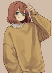 Rule 34 | 1girl, absurdres, blue eyes, brown background, brown hair, collared shirt, commentary request, hand up, highres, korean commentary, long sleeves, looking at viewer, nuri (yoon cook), original, parted lips, shirt, short hair, simple background, smile, solo, sweater, upper body, yellow sweater, yoon cook