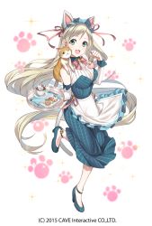 Rule 34 | 1girl, animal, animal ears, animal hands, animal on shoulder, apron, bell, blonde hair, bow, bowtie, cat, cat ears, cat paws, character request, company name, cup, detached sleeves, fork, gothic wa mahou otome, green eyes, hair ornament, hair ribbon, high heels, leg up, long hair, official art, open mouth, ribbon, solo, spoon, strappy heels, weee (raemz)