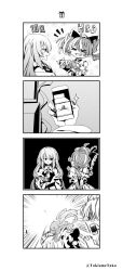 Rule 34 | &gt; &lt;, 0 0, 2girls, 4koma, arms behind back, bow, comic, commentary, double bun, emphasis lines, greyscale, hair bow, hair bun, happy birthday, highres, holding, hololive, hololive indonesia, jewelry, kureiji ollie, monochrome, moona hoshinova, multicolored hair, multiple girls, open mouth, ornate ring, patchwork skin, ring, sharp teeth, silent comic, smile, sparkle, surprised, symbol-only commentary, taka t, teeth, throwing, twitter username, virtual youtuber, zombie