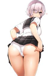 Rule 34 | 1girl, ass, black skirt, blush, breasts, closed mouth, fate/grand order, fate (series), glasses, hair over one eye, highres, izure (pixiv16392012), large breasts, light purple hair, looking at viewer, looking back, mash kyrielight, panties, pleated skirt, purple eyes, sailor collar, school uniform, serafuku, shirt, short hair, short sleeves, simple background, skindentation, skirt, smile, solo, thighs, underwear, white background, white panties, white shirt