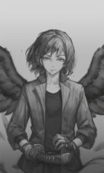 Rule 34 | 1girl, alternate costume, bird wings, bracelet, fighting stance, fingerless gloves, gloves, greyscale, highres, jacket, jewelry, katana, llc, long sleeves, looking at viewer, monochrome, mouth hold, no headwear, no headwear, ready to draw, shameimaru aya, shirt, smile, solo, sword, toothpick, touhou, weapon, wings