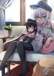 Rule 34 | 1girl, akatsuki (kancolle), alternate costume, anchor symbol, black hat, black pantyhose, blue eyes, character doll, commentary request, couch, dress, flat cap, full body, hat, hibiki (kancolle), highres, hood, hooded dress, hoodie, indoors, kantai collection, long hair, looking at viewer, pantyhose, plant, potted plant, silver hair, sitting, solo, sweater, taisho (gumiyuki), white dress, white sweater