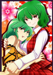 Rule 34 | &gt;:), 10s, :p, ascot, bare shoulders, breasts, cleavage, color connection, crop top, crossover, floral background, green hair, hair color connection, highres, hikage (senran kagura), hug, kazami yuuka, long sleeves, look-alike, looking at viewer, makumaxu, medium breasts, off-shoulder shirt, off shoulder, open clothes, open vest, plaid, plaid skirt, plaid vest, red eyes, senran kagura, shirt, short hair, short sleeves, skirt, tongue, tongue out, torn clothes, torn shirt, touhou, trait connection, upper body, v-shaped eyebrows, vest, white shirt, yellow eyes, yellow shirt