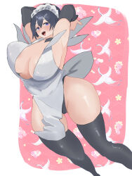 Rule 34 | 1girl, absurdres, apron, arms up, ass, black hair, bouncing breasts, breasts, cleavage, curvy, detached sleeves, heart, heart-shaped pupils, highleg, highleg leotard, highres, iroha (samurai spirits), jumping, large breasts, leotard, leotard under clothes, maid, maid headdress, no bra, open mouth, samurai spirits, shiny skin, smile, solo, symbol-shaped pupils, thighhighs, white apron, wide hips