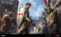 Rule 34 | 1girl, 4boys, absurdres, animal, architecture, armor, beard, black hair, blue dress, blue sky, brown hair, building, city, concept art, cross, dress, epic of tia, european architecture, european clothes, facial hair, half-timbered, hat, helmet, highres, hood, horse, key visual, mask, multiple boys, official art, outdoors, promotional art, quiver, share creators inc, shield, sky, sword, vambraces, watermark, weapon, witch hat