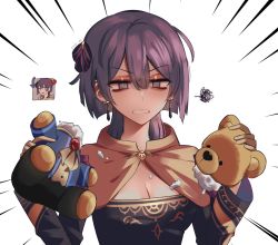 Rule 34 | 1girl, bernadetta von varley, bow, breasts, broken heart, cleavage, clenched teeth, commentary, dress, earrings, eine (eine dx), emphasis lines, english commentary, eyeshadow, fire emblem, fire emblem: three houses, frown, hair bow, heart, highres, holding, holding stuffed toy, jewelry, long sleeves, looking at viewer, makeup, medium breasts, nintendo, out of character, purple dress, purple eyes, purple hair, short hair, simple background, solo, squiggle, stuffed animal, stuffed toy, teddy bear, teeth, upper body, white background