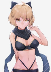 Rule 34 | 1girl, ahoge, black bow, black scarf, blonde hair, bow, breasts, closed mouth, fate/grand order, fate (series), hair bow, hank10111213, koha-ace, looking at viewer, medium breasts, okita souji (fate), okita souji (koha-ace), scarf, short hair, simple background, solo, yellow eyes
