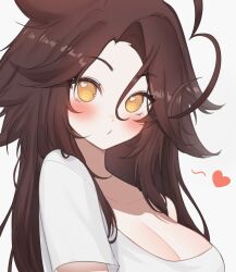 Rule 34 | 1girl, ahoge, arms at sides, blush, breasts, brown hair, cleavage, closed mouth, collarbone, from side, hair between eyes, heart, heart-shaped pupils, heart ahoge, highres, huge ahoge, large breasts, long hair, looking at viewer, messy hair, original, puckered lips, scoop neck, shirt, short sleeves, simple background, single bare shoulder, sky above me, solo, spoken heart, swept bangs, symbol-shaped pupils, upper body, very long hair, white background, white shirt, yellow eyes