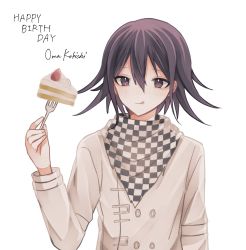 Rule 34 | 1boy, :q, alternate eye color, black eyes, black hair, cake, cake slice, character name, checkered clothes, checkered scarf, commentary request, danganronpa (series), danganronpa v3: killing harmony, flipped hair, food, fork, hair between eyes, happy birthday, highres, holding, holding fork, jacket, long sleeves, mo fumo fu kitsune, oma kokichi, scarf, solo, tongue, tongue out, upper body, white jacket