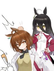 Rule 34 | 1other, 2girls, ^^^, agnes tachyon (umamusume), ahoge, anger vein, animal ears, black hair, black shirt, brown eyes, brown hair, clenched hand, closed mouth, collared shirt, commentary request, crying, dokomon, hair between eyes, head bump, highres, holding, horse ears, horse girl, horse tail, jacket, lab coat, long hair, long sleeves, manhattan cafe (umamusume), multiple girls, open clothes, pants, red jacket, red pants, shirt, simple background, sleeves past fingers, sleeves past wrists, streaming tears, sweater vest, t-head trainer, tail, tears, track jacket, track pants, track suit, umamusume, very long hair, vial, white background, yellow eyes